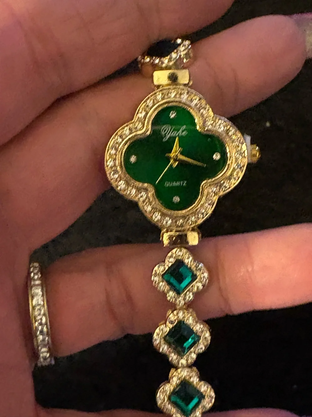 Watch-Emerald Green simulated 4 Leaf Clover GOLD TONE Watch Diamond like Bracel